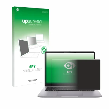 Parte frontal de un envase de producto con el logotipo de la marca upscreen. Al lado se muestra el dispositivo ASUS ExpertBook