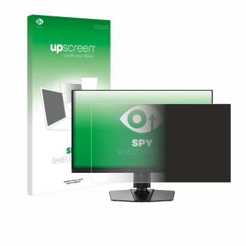Parte frontal de un envase de producto con el logotipo de la marca upscreen. Al lado se muestra el dispositivo MSI MPG 271QR X