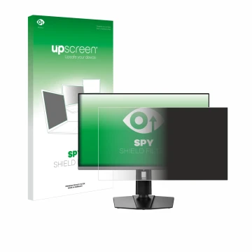 Parte frontal de un envase de producto con el logotipo de la marca upscreen. Al lado se muestra el dispositivo MSI MAG 272QP X