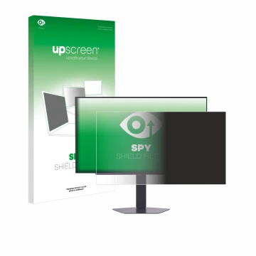 Parte frontal de un envase de producto con el logotipo de la marca upscreen. Al lado se muestra el dispositivo LG UltraGear 27