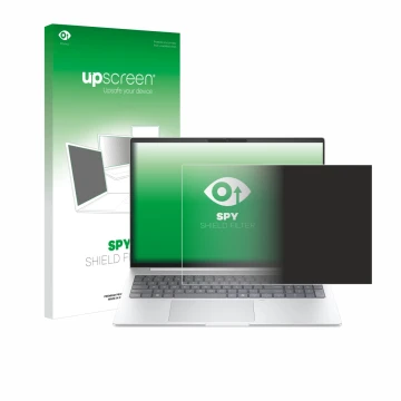 Parte frontal de un envase de producto con el logotipo de la marca upscreen. Al lado se muestra el dispositivo HP EliteBook 8 