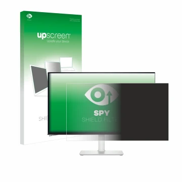 Parte frontal de un envase de producto con el logotipo de la marca upscreen. Al lado se muestra el dispositivo Dell 27 Plus S2