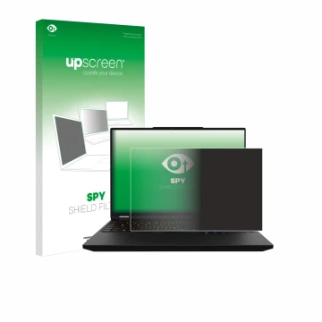 Parte frontal de un envase de producto con el logotipo de la marca upscreen. Al lado se muestra el dispositivo XMG Apex 16 Max