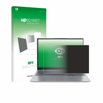 Parte frontal de un envase de producto con el logotipo de la marca upscreen. Al lado se muestra el dispositivo Lenovo ThinkBoo