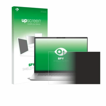 Parte frontal de un envase de producto con el logotipo de la marca upscreen. Al lado se muestra el dispositivo Dell Inspiron 1