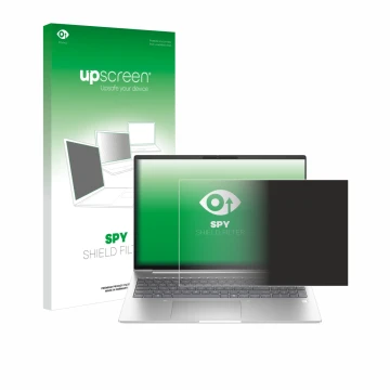 Parte frontal de un envase de producto con el logotipo de la marca upscreen. Al lado se muestra el dispositivo HP EliteBook 6 