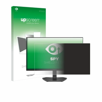 Parte frontal de un envase de producto con el logotipo de la marca upscreen. Al lado se muestra el dispositivo Dell 24 SE2426H