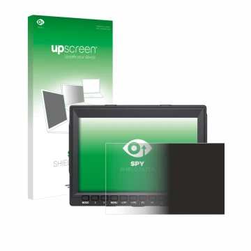 Parte frontal de un envase de producto con el logotipo de la marca upscreen. Al lado se muestra el dispositivo Feelworld FW759