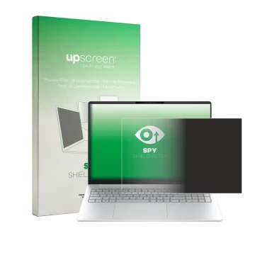 Parte frontal de un envase de producto con el logotipo de la marca upscreen. Al lado se muestra el dispositivo HP OmniBook 3 1