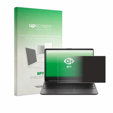 Parte frontal de un envase de producto con el logotipo de la marca upscreen. Al lado se muestra el dispositivo HP EliteBook 25