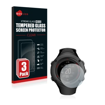 Parte frontal de un envase de producto con el logotipo de la marca Savvies. Al lado se muestra el dispositivo Suunto Ambit3 Ru