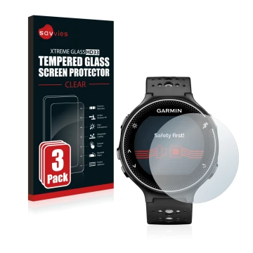 Parte frontal de un envase de producto con el logotipo de la marca Savvies. Al lado se muestra el dispositivo Garmin Forerunne