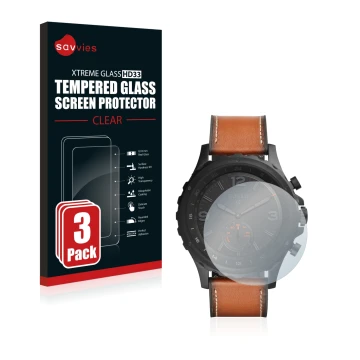 Parte frontal de un envase de producto con el logotipo de la marca Savvies. Al lado se muestra el dispositivo Fossil Q Nate co