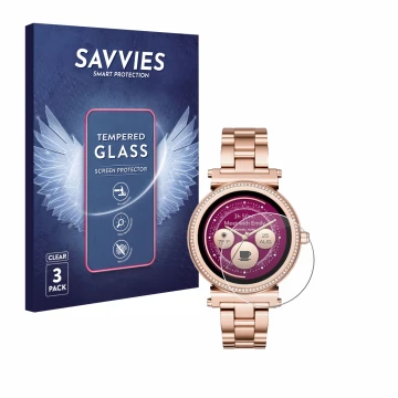 Parte frontal de un envase de producto con el logotipo de la marca Savvies. Al lado se muestra el dispositivo Michael Kors Acc