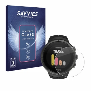 Parte frontal de un envase de producto con el logotipo de la marca Savvies. Al lado se muestra el dispositivo Suunto Spartan U