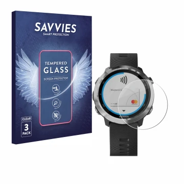 Parte frontal de un envase de producto con el logotipo de la marca Savvies. Al lado se muestra el dispositivo Garmin Forerunne
