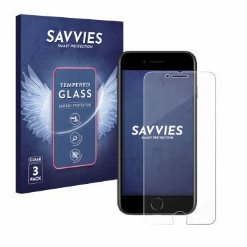 Parte frontal de un envase de producto con el logotipo de la marca Savvies. Al lado se muestra el dispositivo Apple iPhone SE 