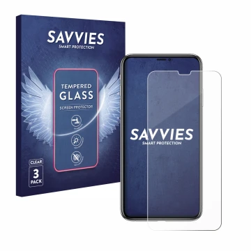 Parte frontal de un envase de producto con el logotipo de la marca Savvies. Al lado se muestra el dispositivo Apple iPhone Xs 
