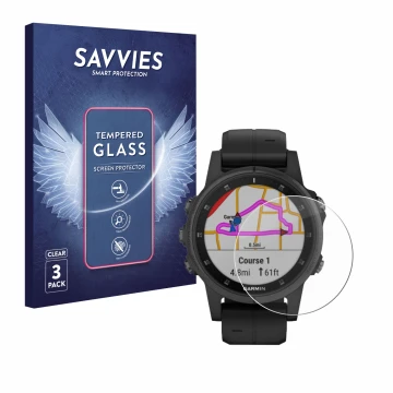 Parte frontal de un envase de producto con el logotipo de la marca Savvies. Al lado se muestra el dispositivo Garmin Fenix 5S 