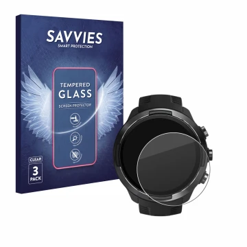 Parte frontal de un envase de producto con el logotipo de la marca Savvies. Al lado se muestra el dispositivo Suunto 9 con su 
