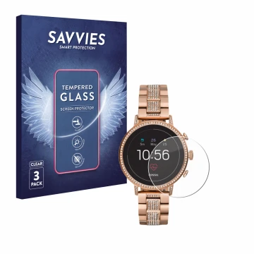 Parte frontal de un envase de producto con el logotipo de la marca Savvies. Al lado se muestra el dispositivo Fossil Q Venture