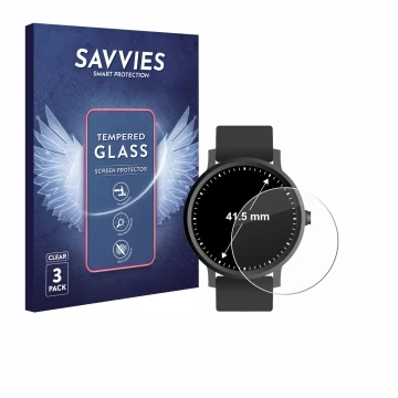 Parte frontal de un envase de producto con el logotipo de la marca Savvies. Al lado se muestra el dispositivo Relojes (Circula