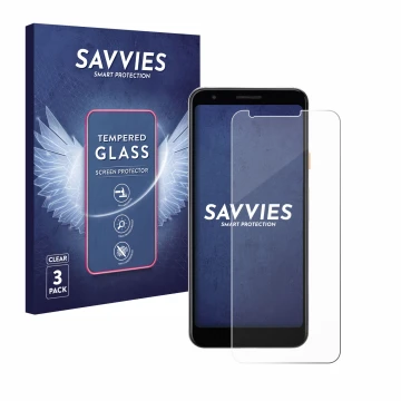 Parte frontal de un envase de producto con el logotipo de la marca Savvies. Al lado se muestra el dispositivo Google Pixel 3a 