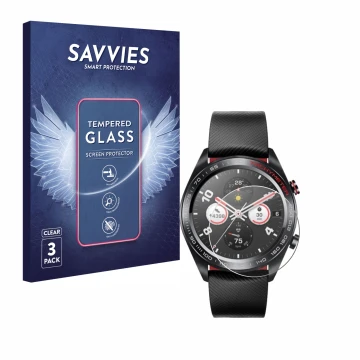Parte frontal de un envase de producto con el logotipo de la marca Savvies. Al lado se muestra el dispositivo Honor Watch Magi