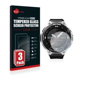 Parte frontal de un envase de producto con el logotipo de la marca Savvies. Al lado se muestra el dispositivo Casio Pro Trek S