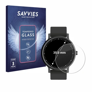Parte frontal de un envase de producto con el logotipo de la marca Savvies. Al lado se muestra el dispositivo Circular Display