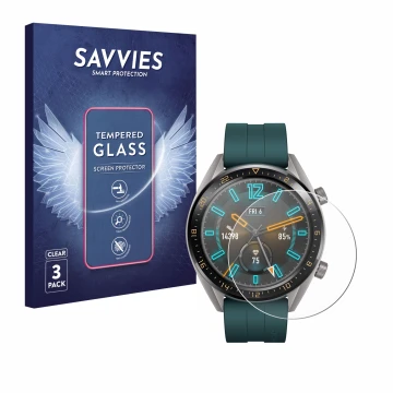 Parte frontal de un envase de producto con el logotipo de la marca Savvies. Al lado se muestra el dispositivo Huawei Watch GT 