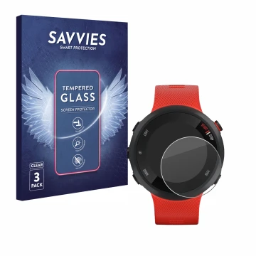 Parte frontal de un envase de producto con el logotipo de la marca Savvies. Al lado se muestra el dispositivo Garmin Forerunne