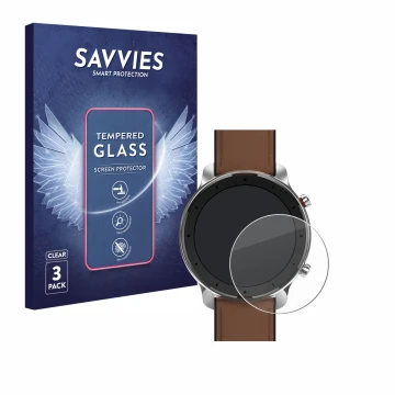 Parte frontal de un envase de producto con el logotipo de la marca Savvies. Al lado se muestra el dispositivo Huami Amazfit GT