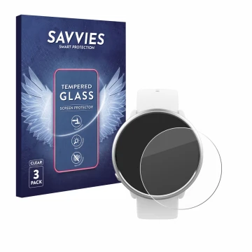 Parte frontal de un envase de producto con el logotipo de la marca Savvies. Al lado se muestra el dispositivo Polar Ignite con
