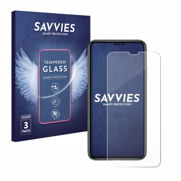Parte frontal de un envase de producto con el logotipo de la marca Savvies. Al lado se muestra el dispositivo Apple iPhone 11 