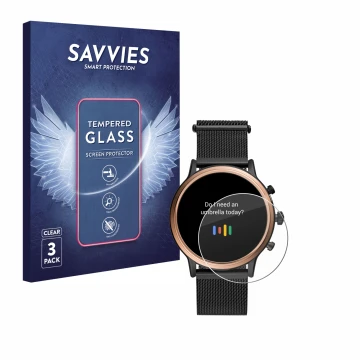 Parte frontal de un envase de producto con el logotipo de la marca Savvies. Al lado se muestra el dispositivo Fossil Julianna 