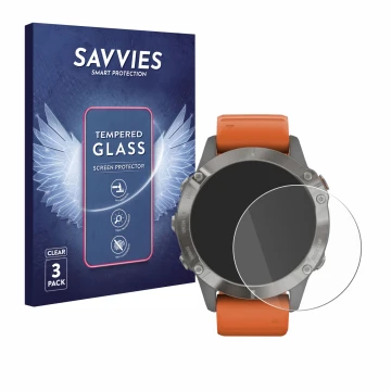 Parte frontal de un envase de producto con el logotipo de la marca Savvies. Al lado se muestra el dispositivo Garmin Fenix 6 P