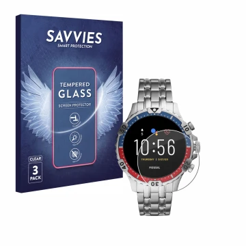 Parte frontal de un envase de producto con el logotipo de la marca Savvies. Al lado se muestra el dispositivo Fossil Garrett H