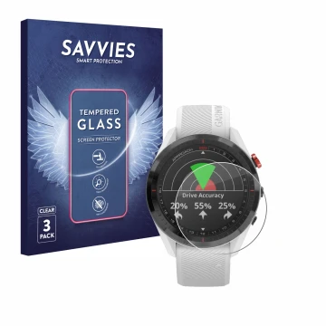Parte frontal de un envase de producto con el logotipo de la marca Savvies. Al lado se muestra el dispositivo Garmin Approach 