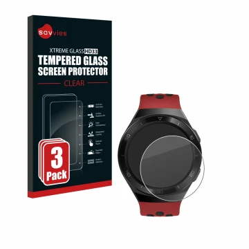 Parte frontal de un envase de producto con el logotipo de la marca Savvies. Al lado se muestra el dispositivo Huawei Watch GT 