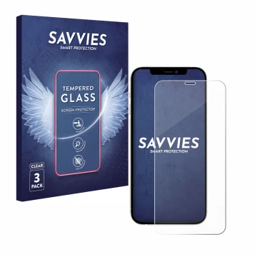 Parte frontal de un envase de producto con el logotipo de la marca Savvies. Al lado se muestra el dispositivo Apple iPhone 12 