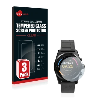 Parte frontal de un envase de producto con el logotipo de la marca Savvies. Al lado se muestra el dispositivo Montblanc Summit