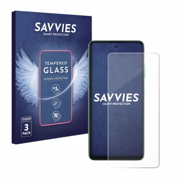 Parte frontal de un envase de producto con el logotipo de la marca Savvies. Al lado se muestra el dispositivo Samsung Galaxy A