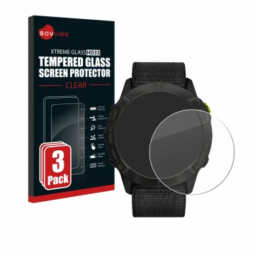 Parte frontal de un envase de producto con el logotipo de la marca Savvies. Al lado se muestra el dispositivo Garmin Enduro co