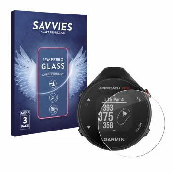 Parte frontal de un envase de producto con el logotipo de la marca Savvies. Al lado se muestra el dispositivo Garmin Approach 