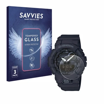 Parte frontal de un envase de producto con el logotipo de la marca Savvies. Al lado se muestra el dispositivo Casio G-Shock GB