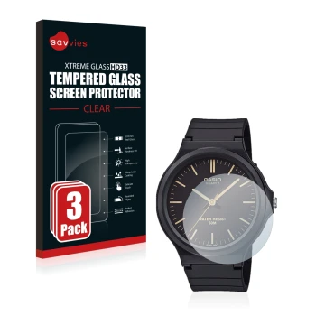 Parte frontal de un envase de producto con el logotipo de la marca Savvies. Al lado se muestra el dispositivo Casio Unisex MW-