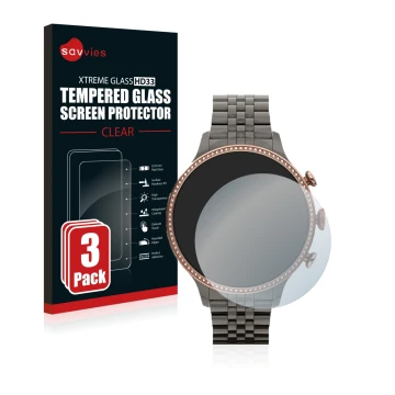 Parte frontal de un envase de producto con el logotipo de la marca Savvies. Al lado se muestra el dispositivo Fossil Gen 6 (42