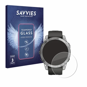 Parte frontal de un envase de producto con el logotipo de la marca Savvies. Al lado se muestra el dispositivo Garmin Fenix 7 (