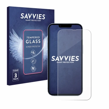 Parte frontal de un envase de producto con el logotipo de la marca Savvies. Al lado se muestra el dispositivo Apple iPhone 14 
